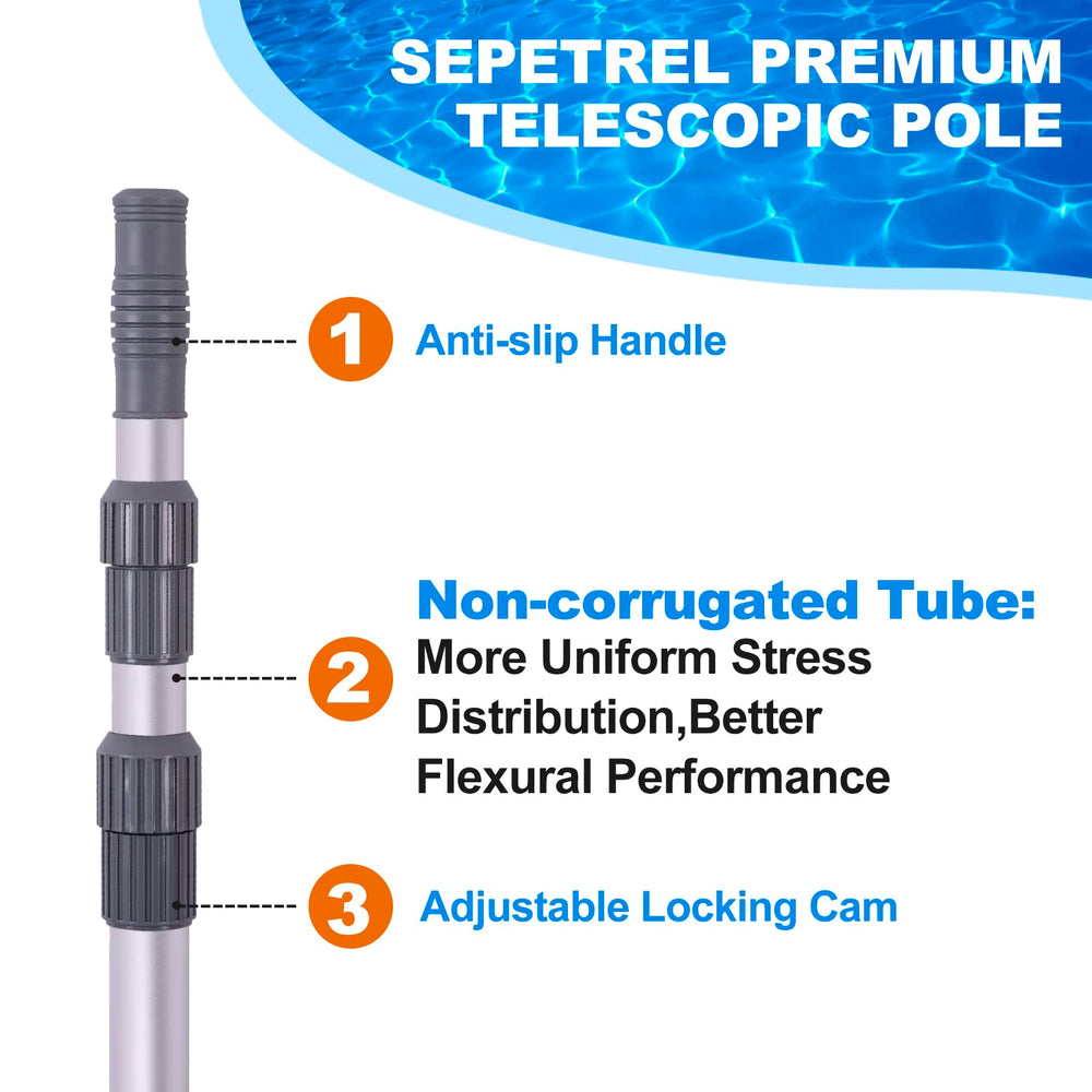 Sepetrel pole fully extended to 15 feet offering long reach for deep pools