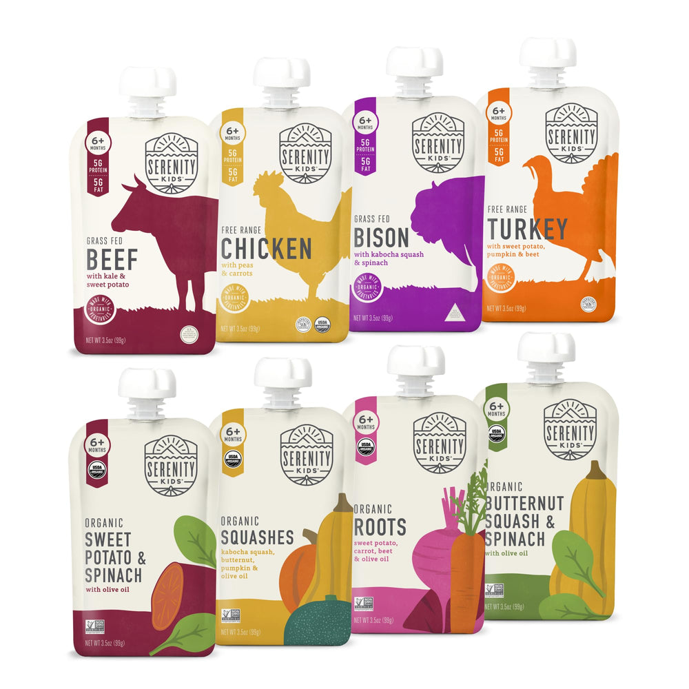 Serenity Kids front packaging showing organic 8-pack and benefits