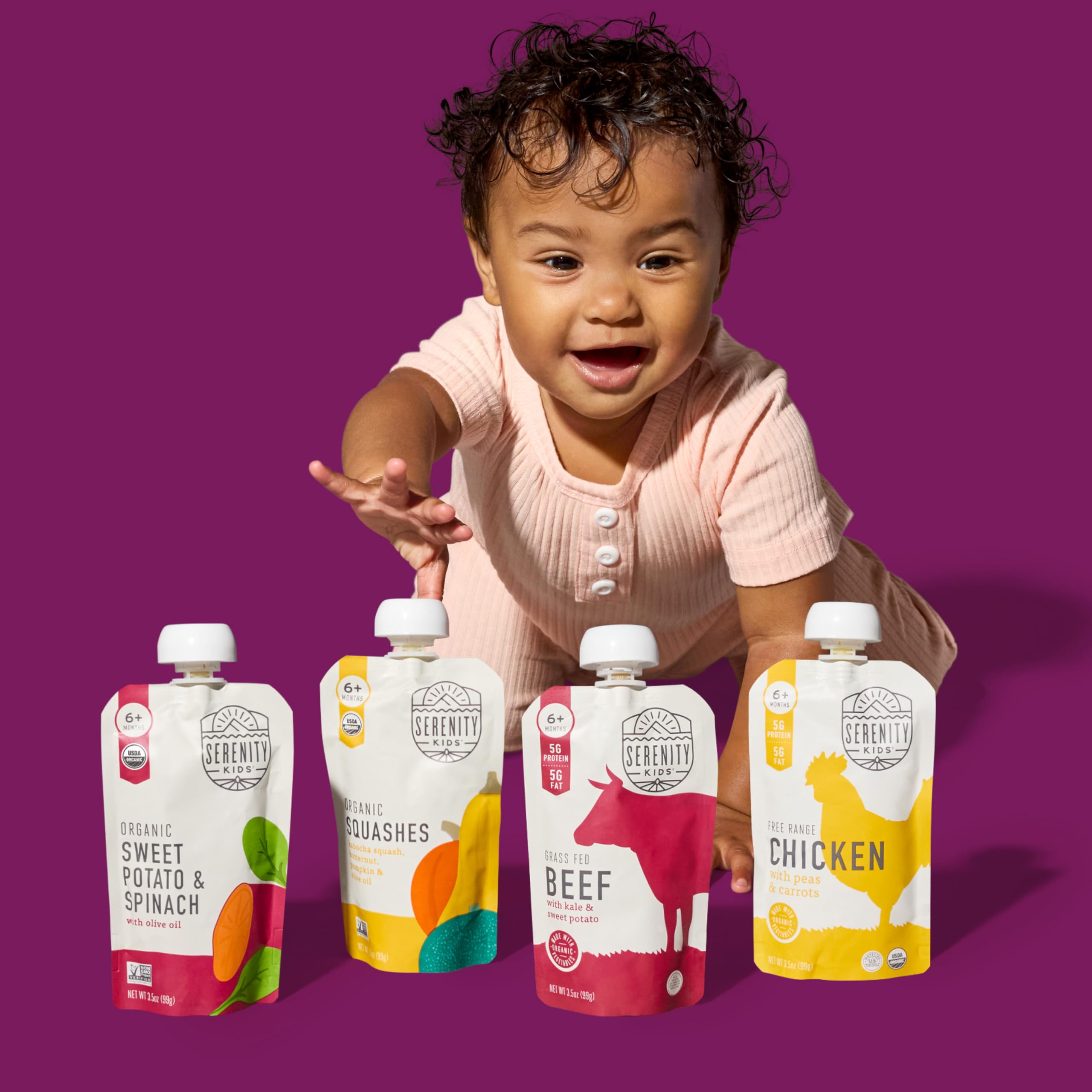 Serenity Kids pouch open and being squeezed for mess-free feeding