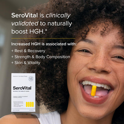 Serovital open bottle with visible capsules highlighting daily serving convenience