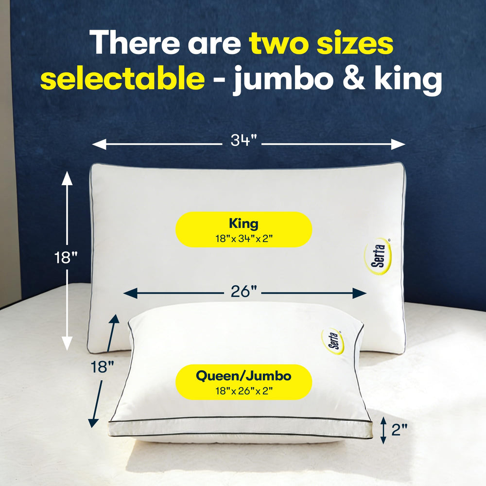 Serta pillow next to ruler showing 18x26 inch queen standard size