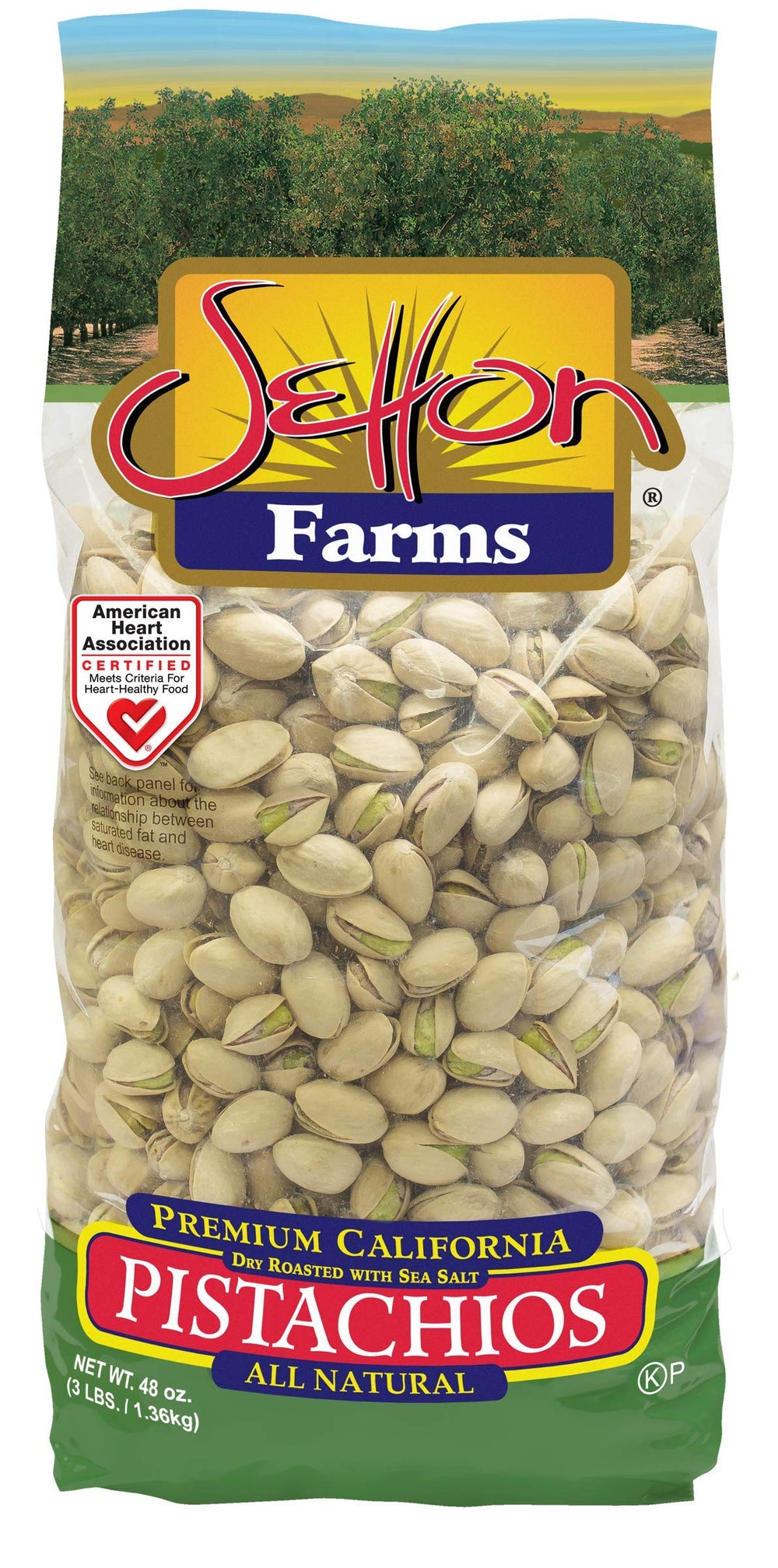 Setton Farms frente del empaque mostrando bolsa de 3 lb y conveniencia