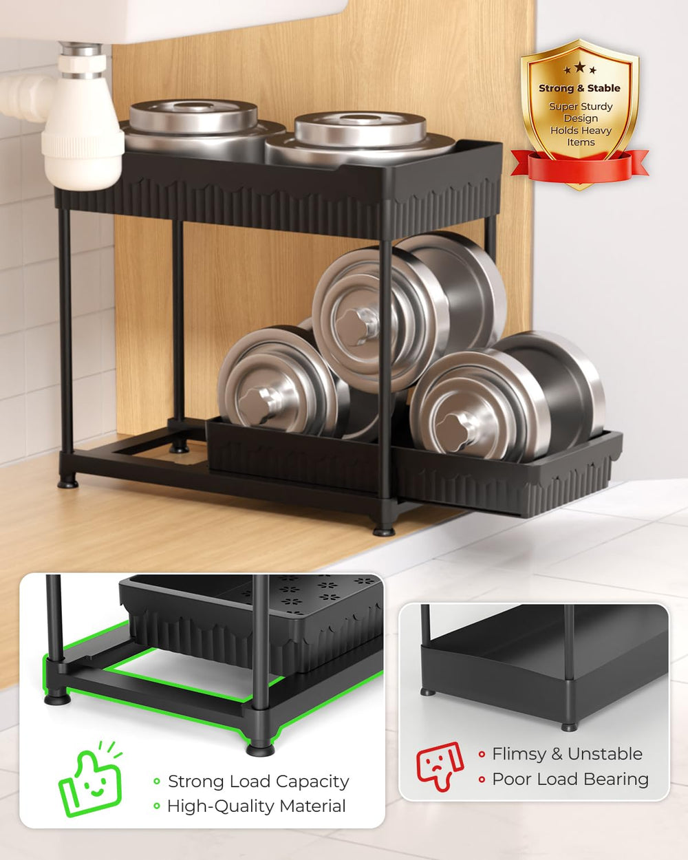 Sevenblue organizador instalado bajo fregadero en cocina para ordenar limpiadores y sprays