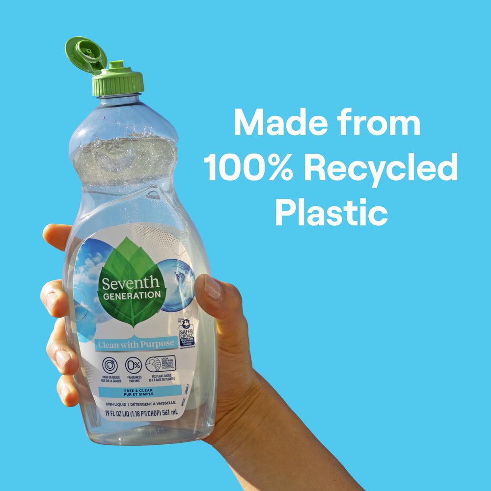 Seventh Generation botella de plástico reprocesado destacando reducción de residuos