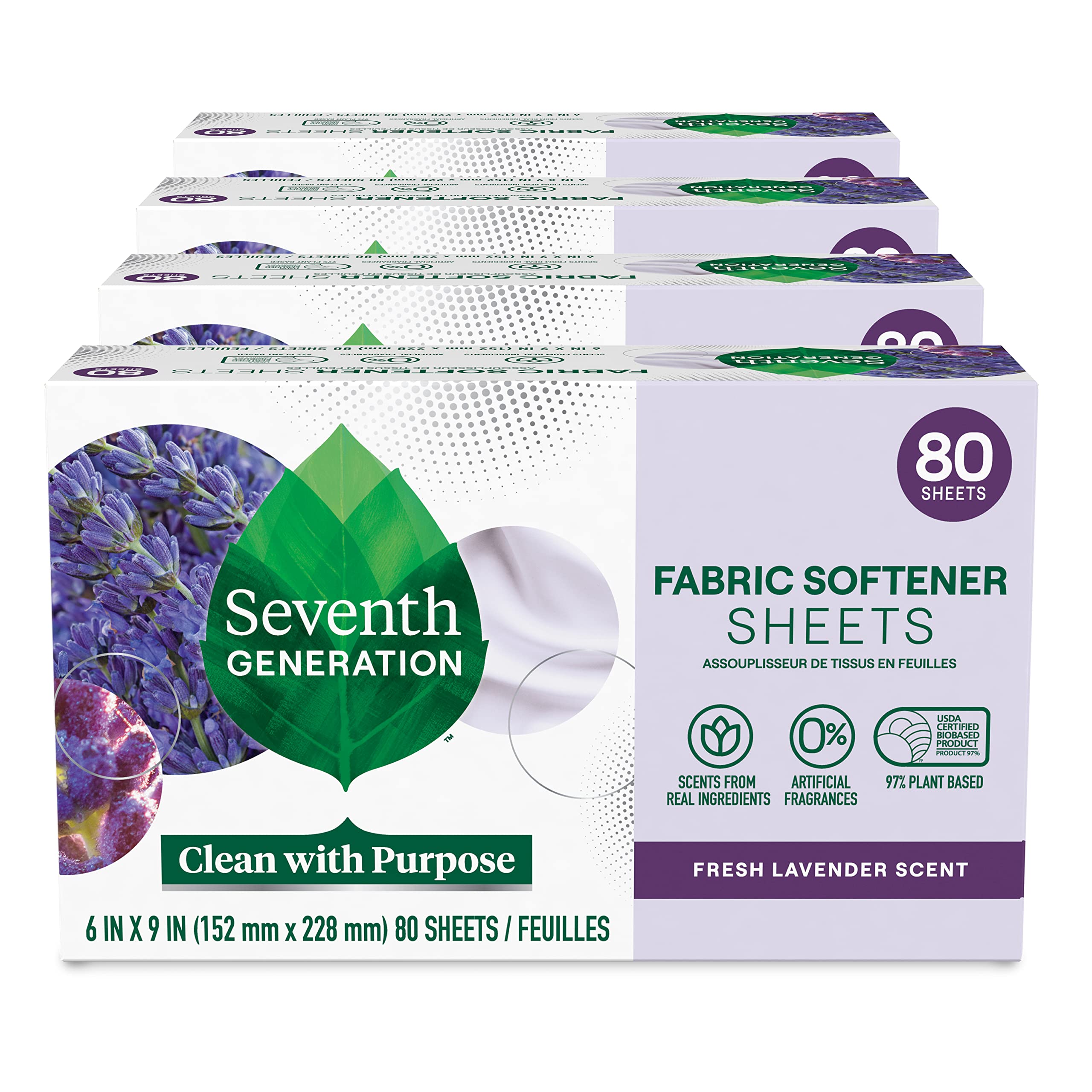 Seventh Generation frente del paquete mostrando cantidad y aroma lavanda