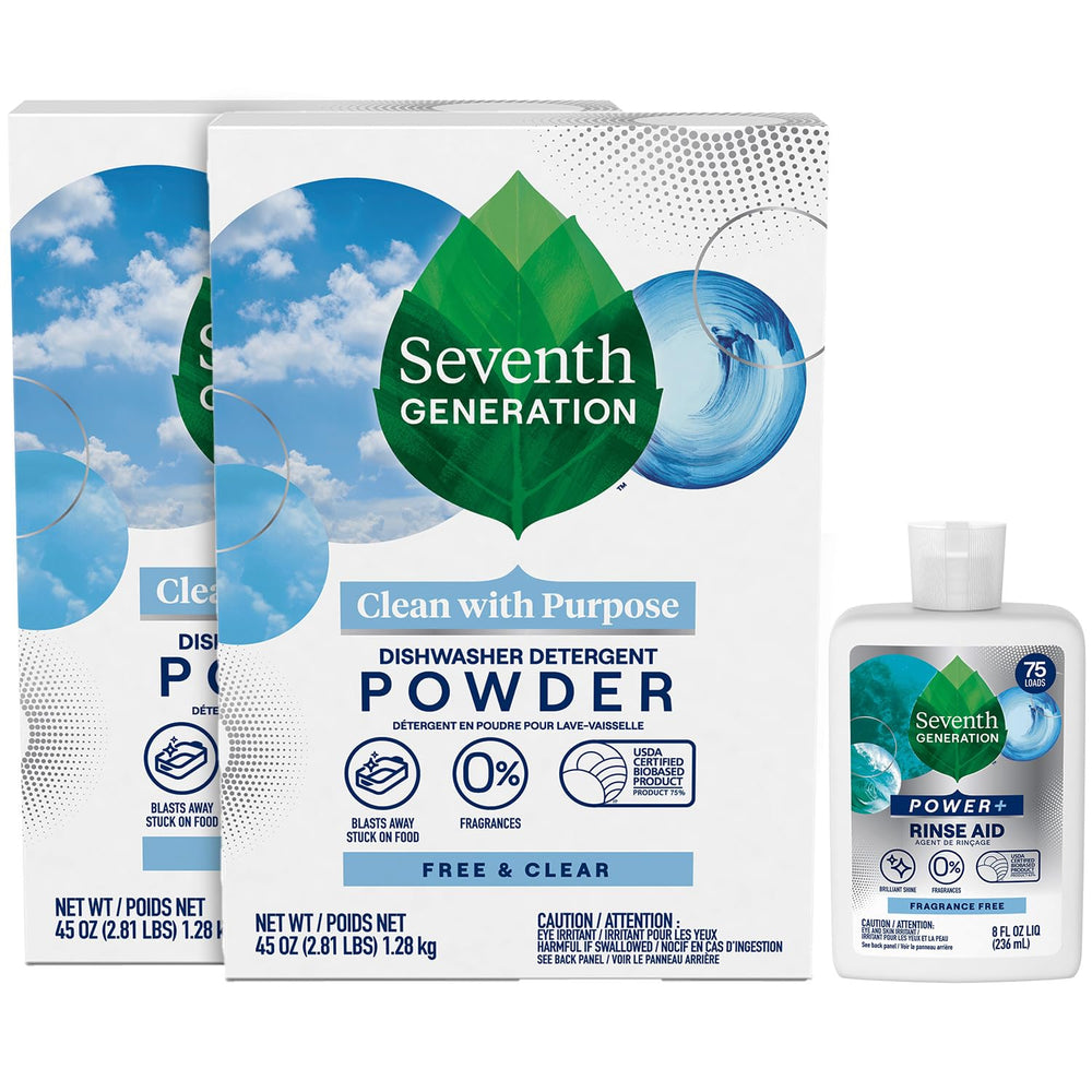 Seventh Generation paquete frontal mostrando polvo y aclarador, limpieza confiable