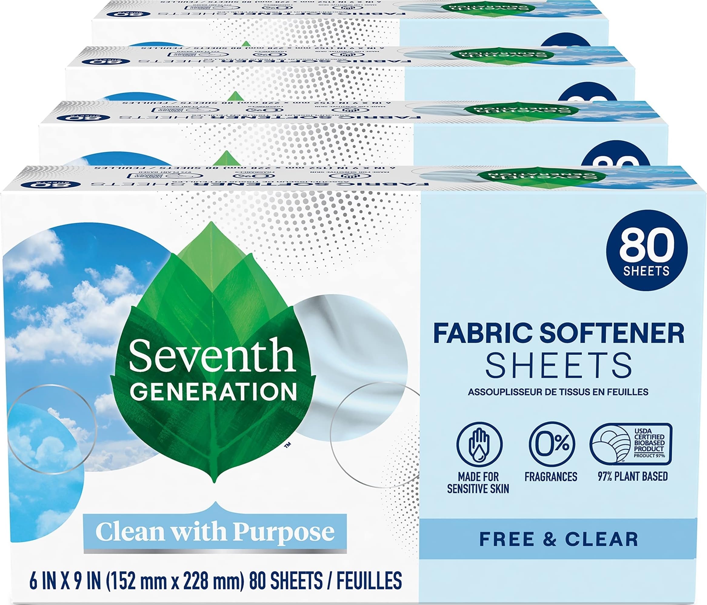 Seventh Generation frente del paquete mostrando 80 hojas y beneficio sin fragancia