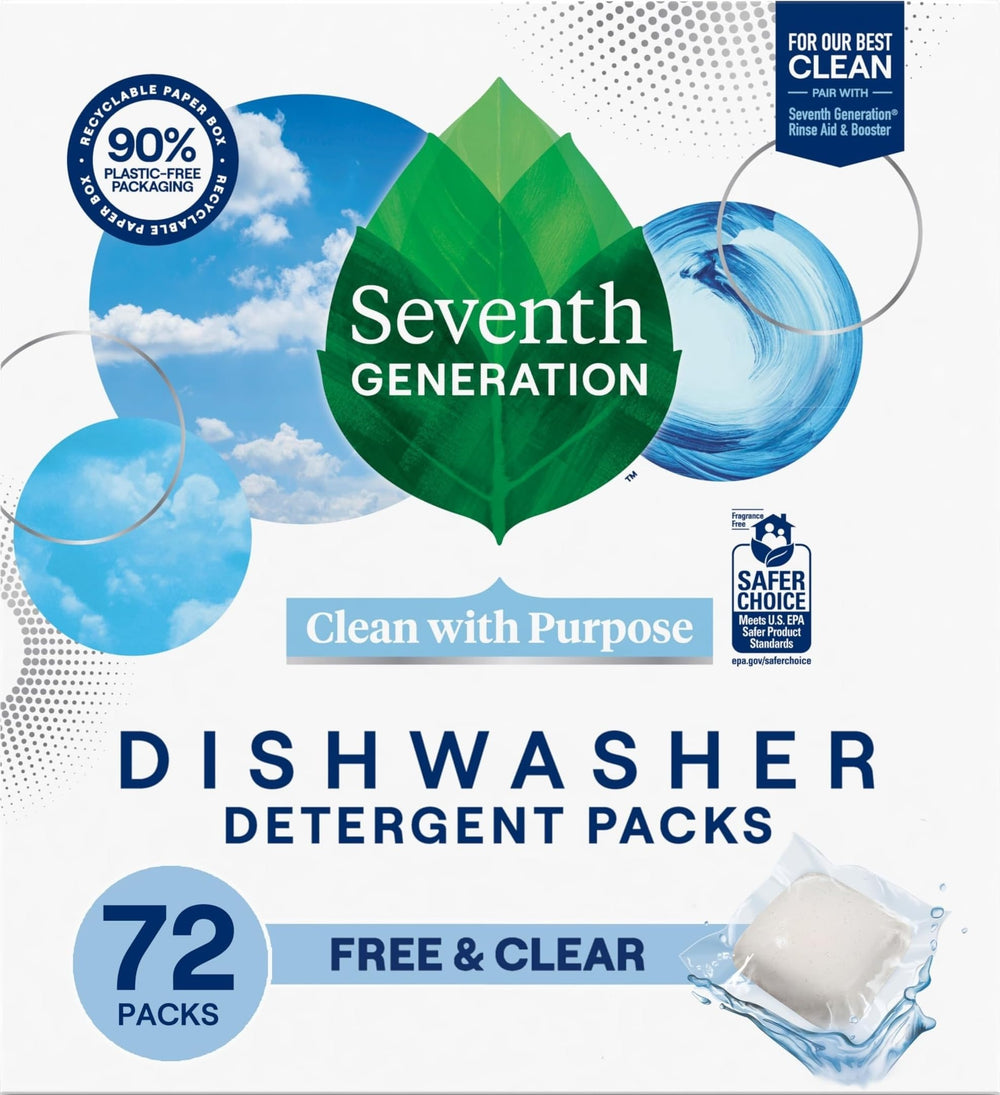 Seventh Generation front packaging showing 72-count pods and easy dosing benefit
