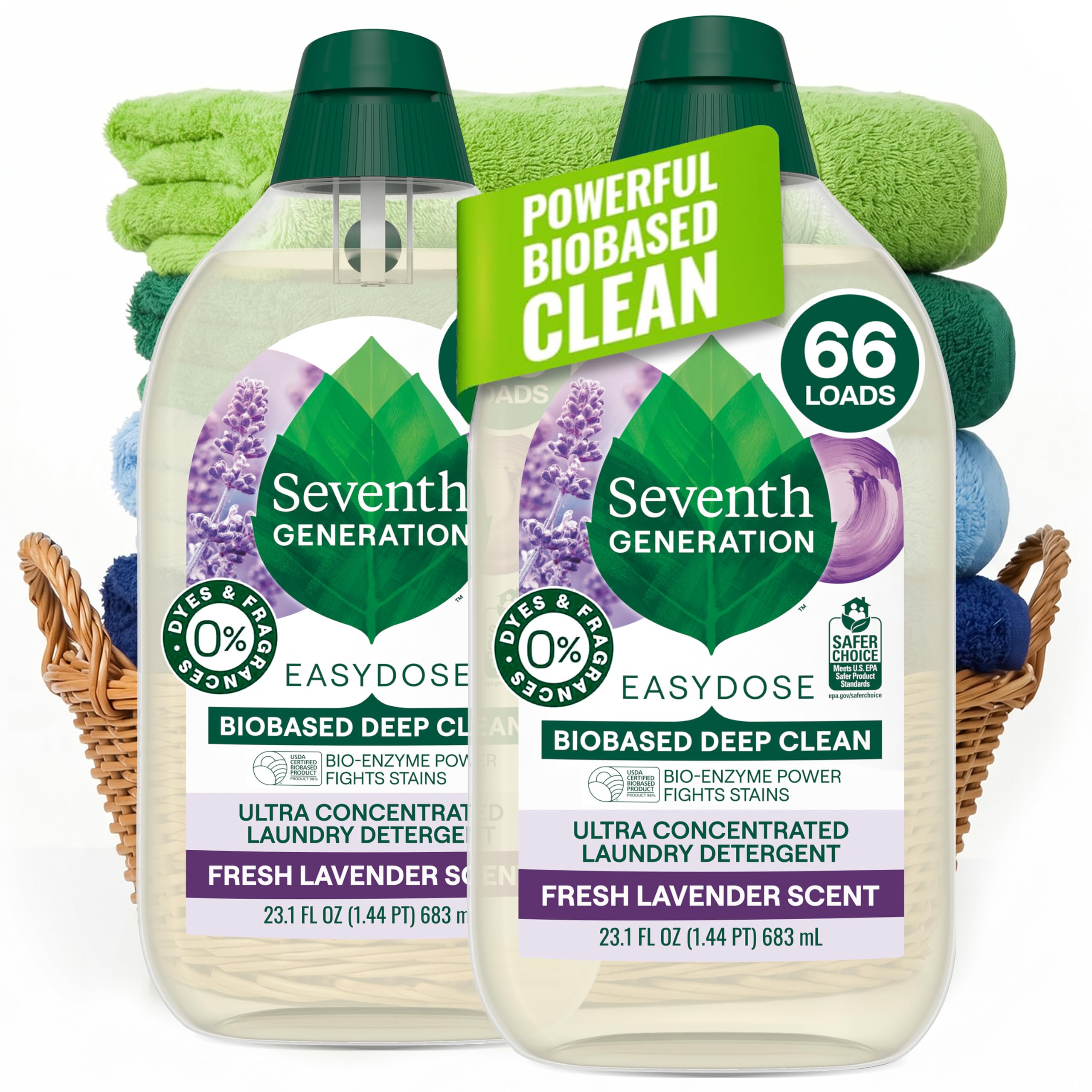 Seventh Generation vista frontal del pack con ahorro de espacio y fragancia lavanda