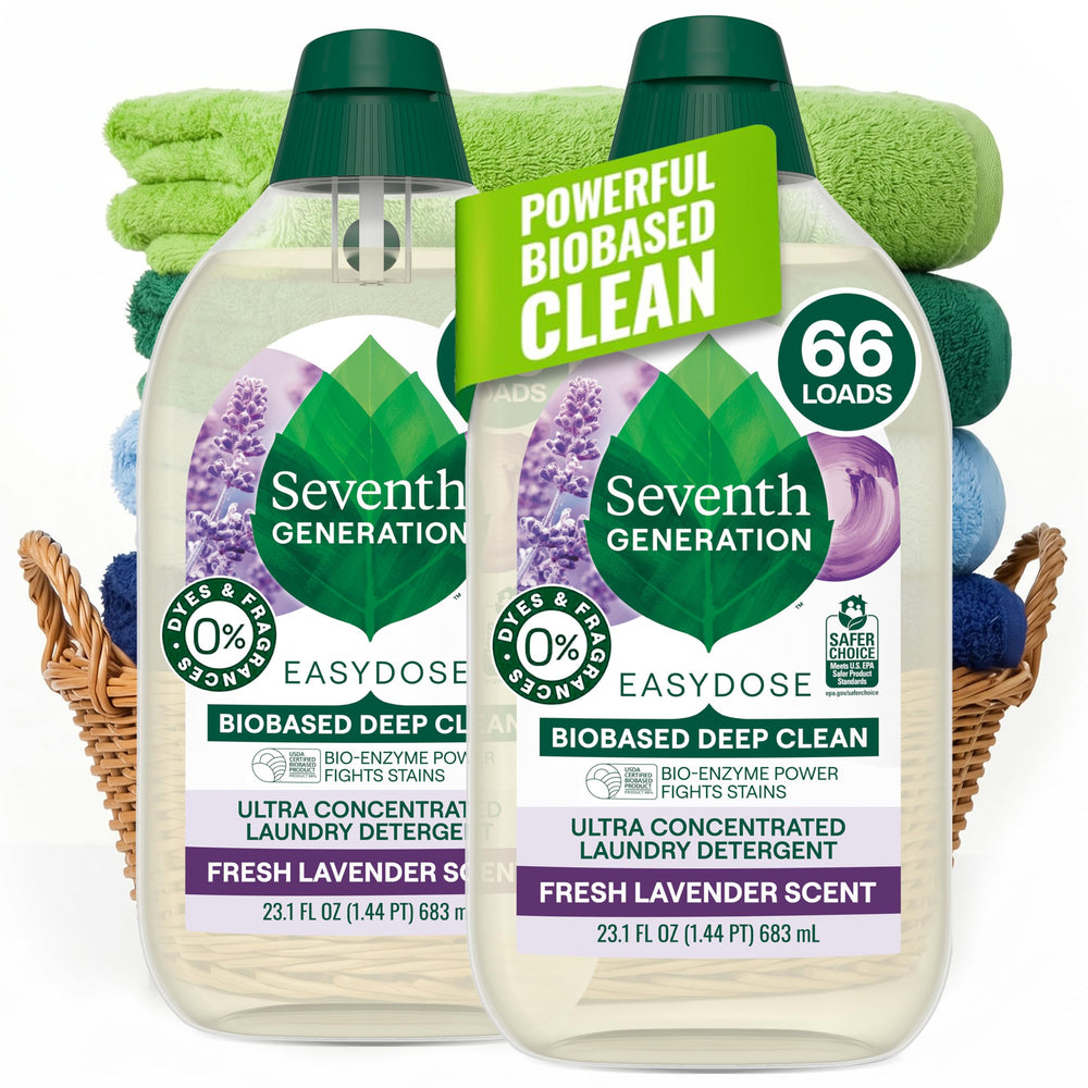 Seventh Generation vista frontal del pack con ahorro de espacio y fragancia lavanda