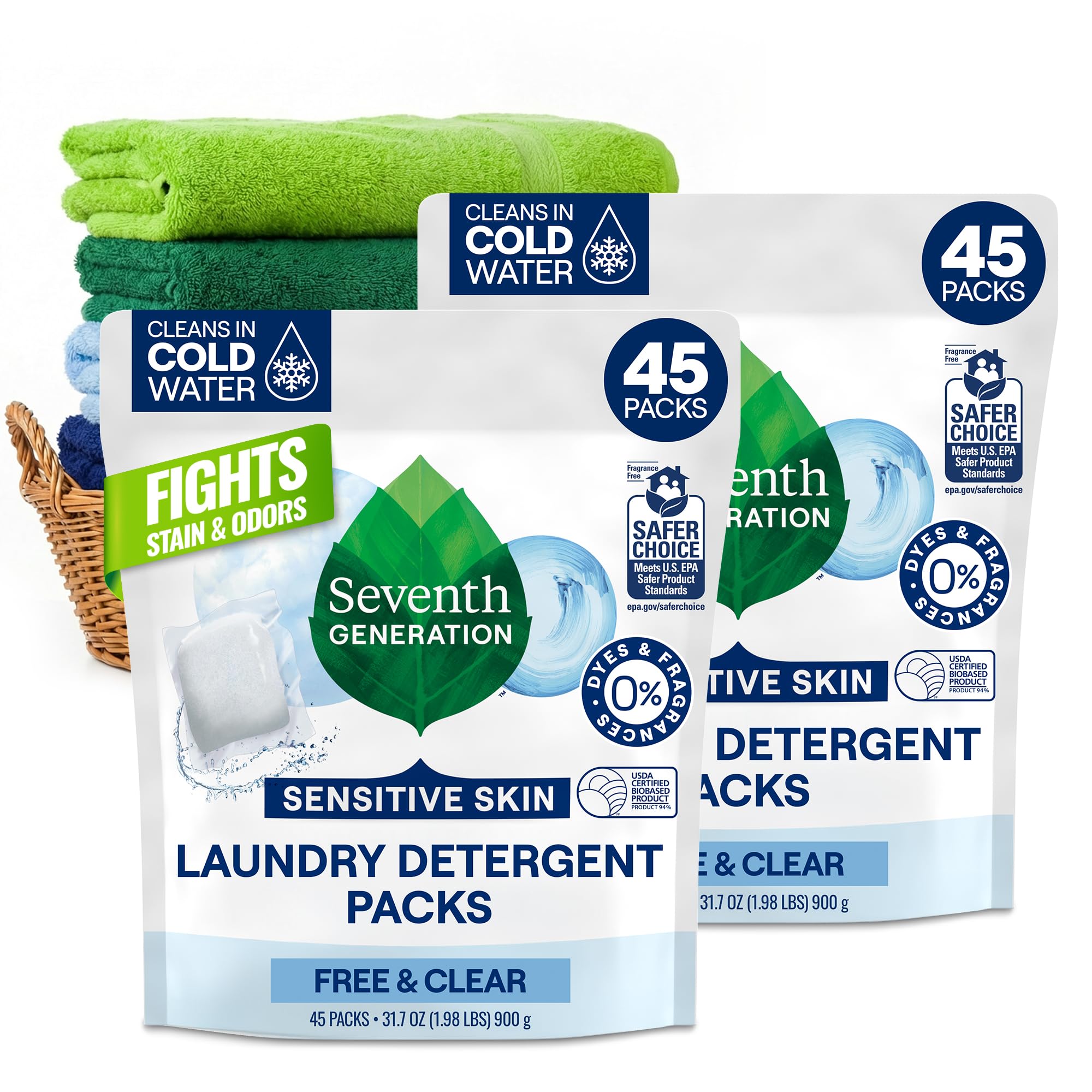 Seventh Generation frontal del envase mostrando 45 cápsulas y beneficios ecológicos