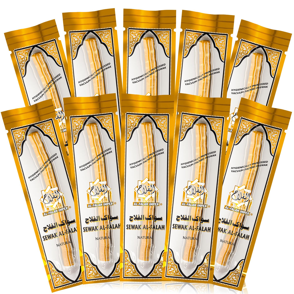 SEWAK AL-FALAH paquete frontal mostrando 10 miswak y conveniencia de conservación