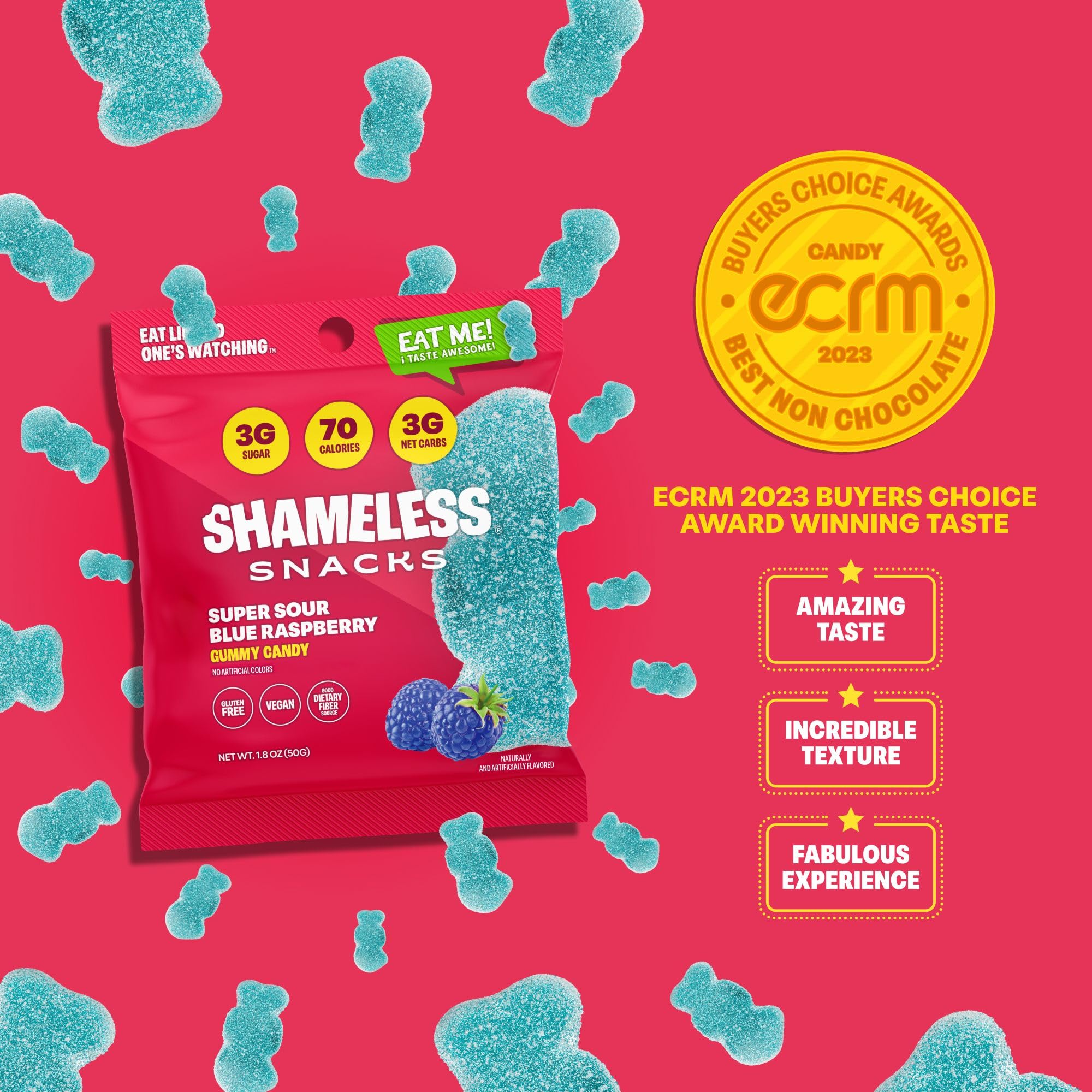 Shameless gomitas en mano, comparación de tamaño y porción práctica