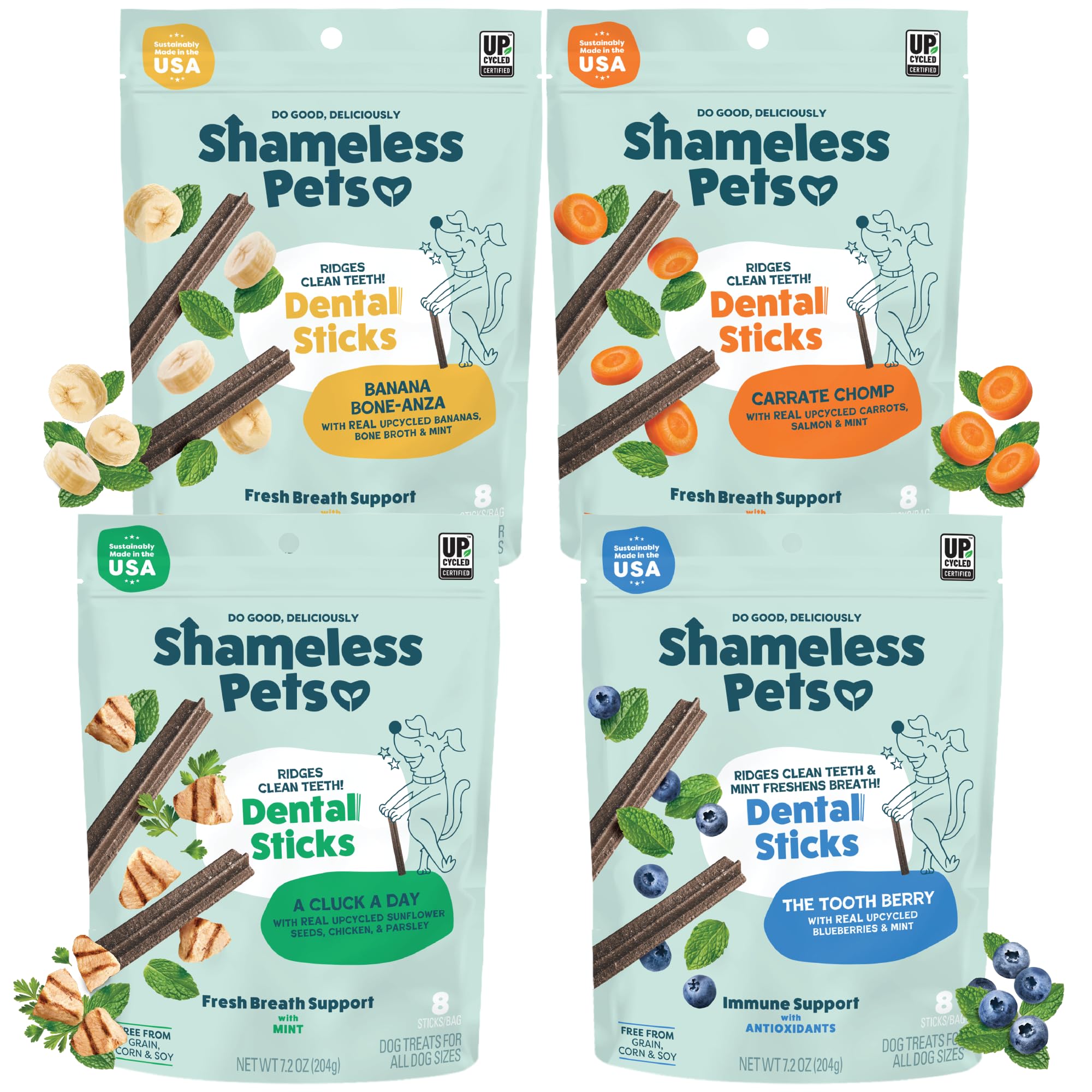Shameless Pets front packaging showing four flavor bags and resealable zip benefit