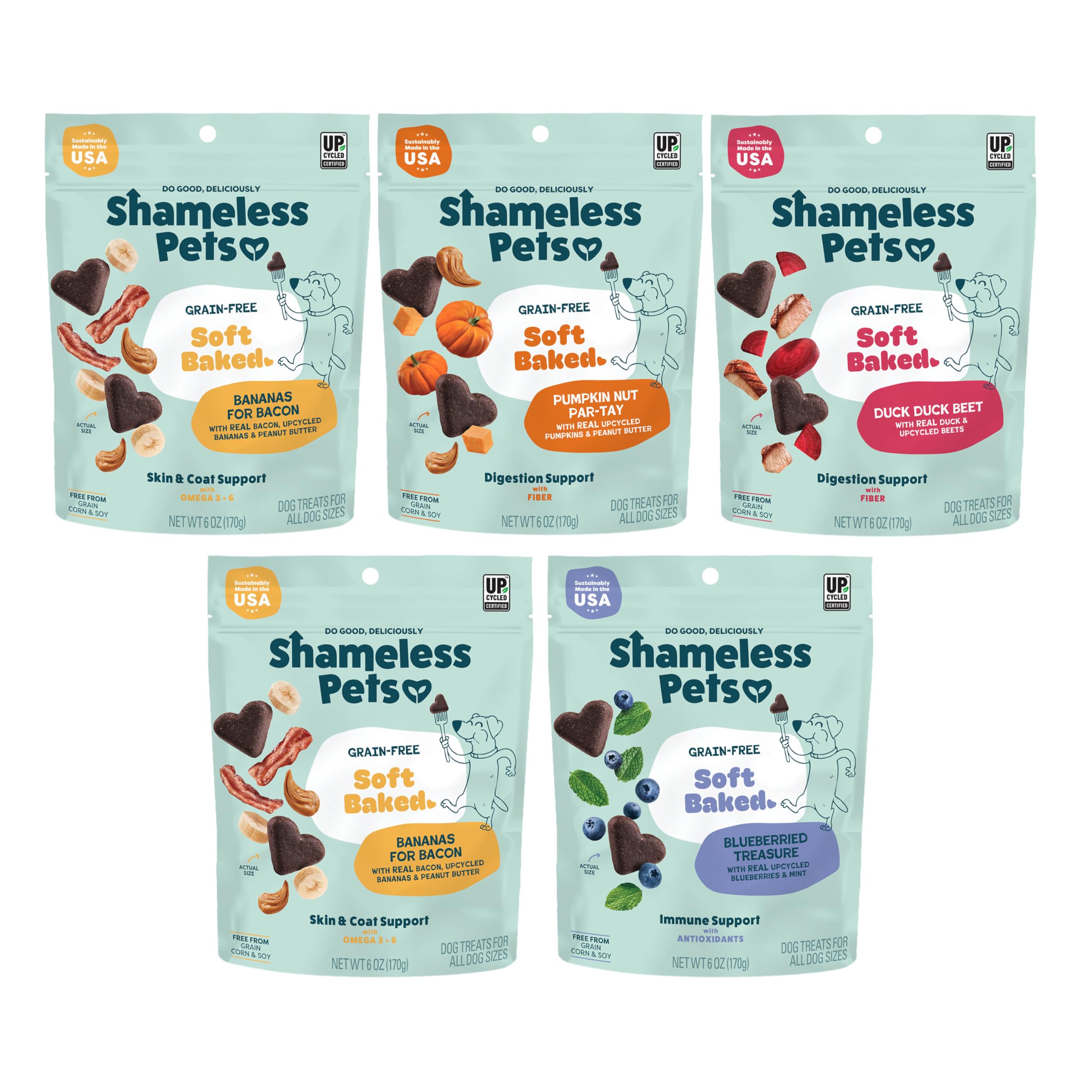 Shameless Pets pack frontal mostrando las cinco bolsas y variedad de sabores, claro beneficio nutritivo