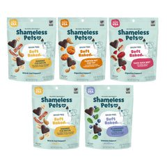 Shameless Pets pack frontal mostrando las cinco bolsas y variedad de sabores, claro beneficio nutritivo