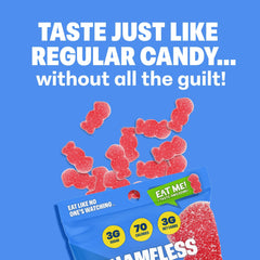 Shameless open bag with gummies spilling, showcasing portion control benefit