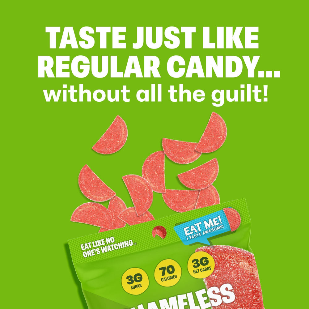 Close-up texture of Shameless gummies highlighting chewy watermelon benefit