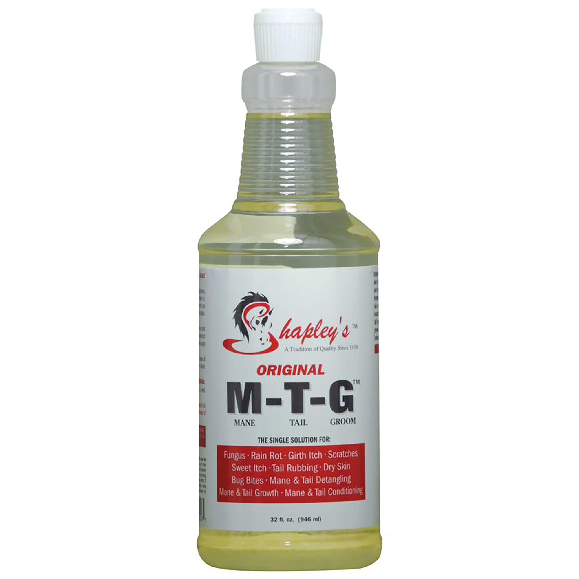 Shapley's envase frontal 32 oz que muestra tamaño y etiqueta, práctico para establos