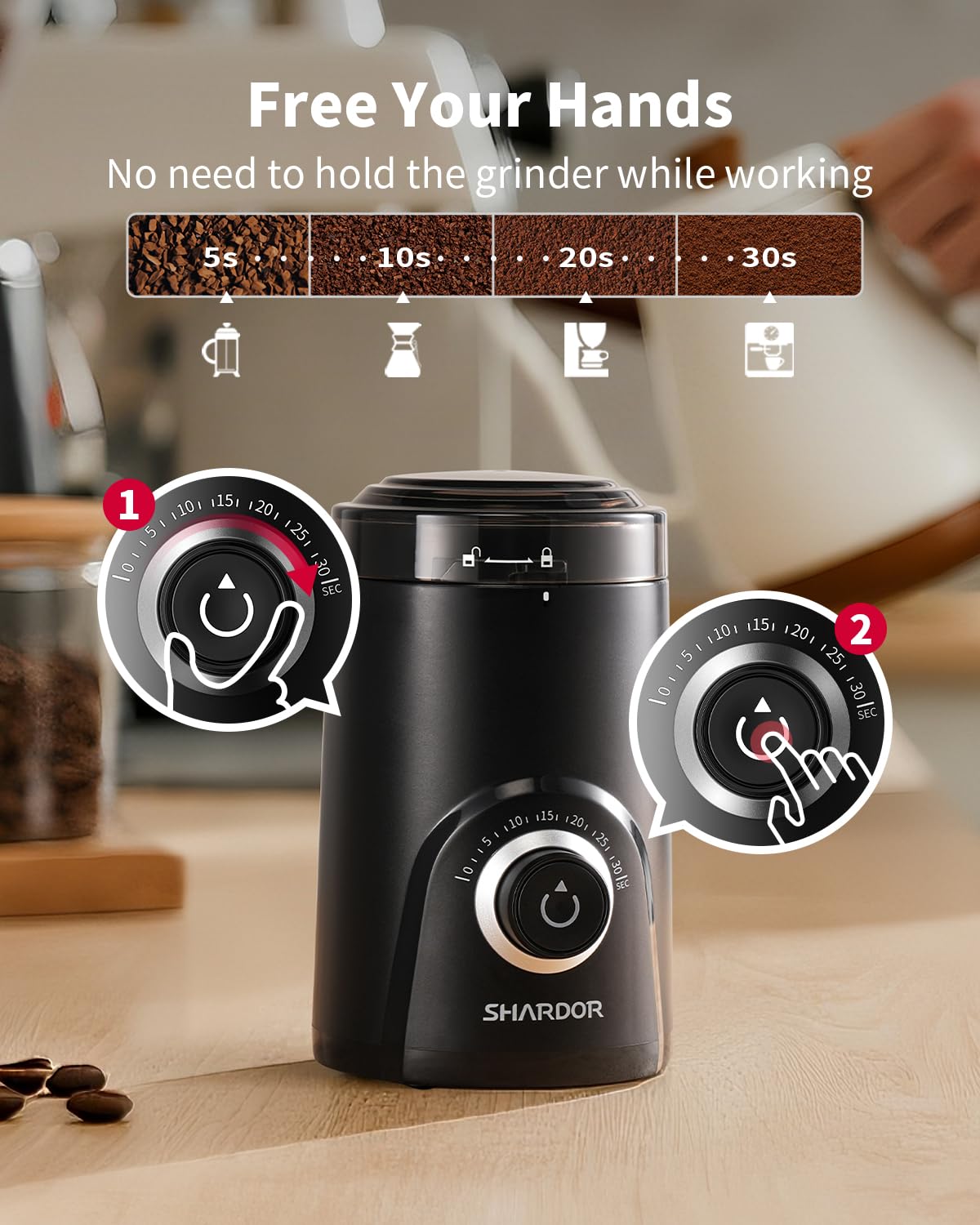 SHARDOR en uso moliendo granos de café para preparar espresso