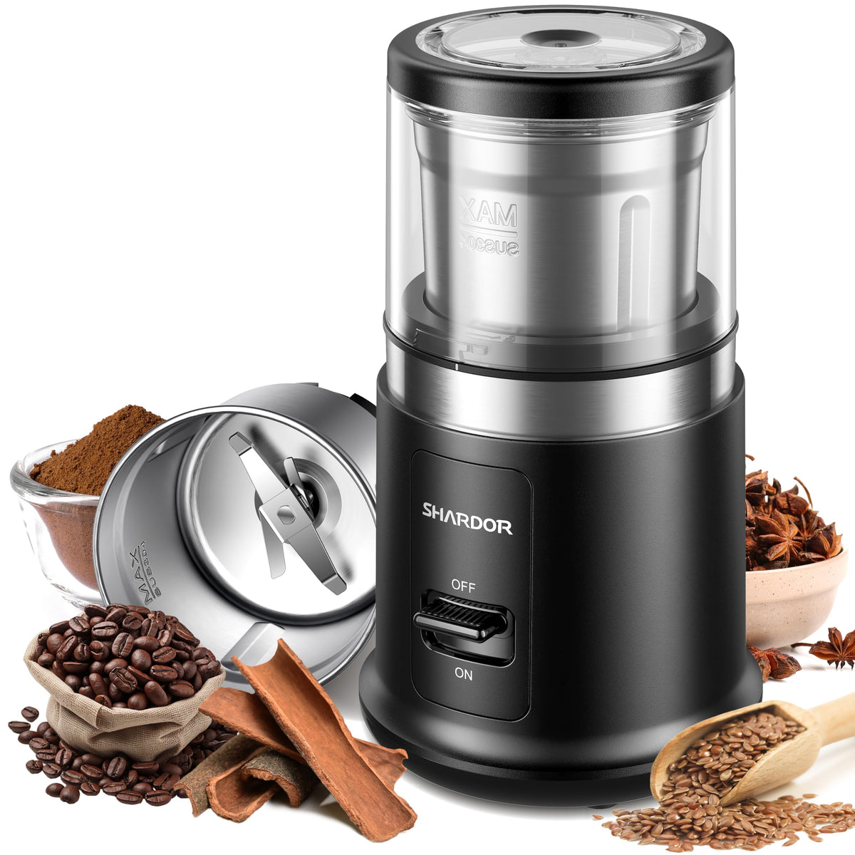 SHARDOR vista frontal del molinillo compacto con taza extraíble y diseño negro