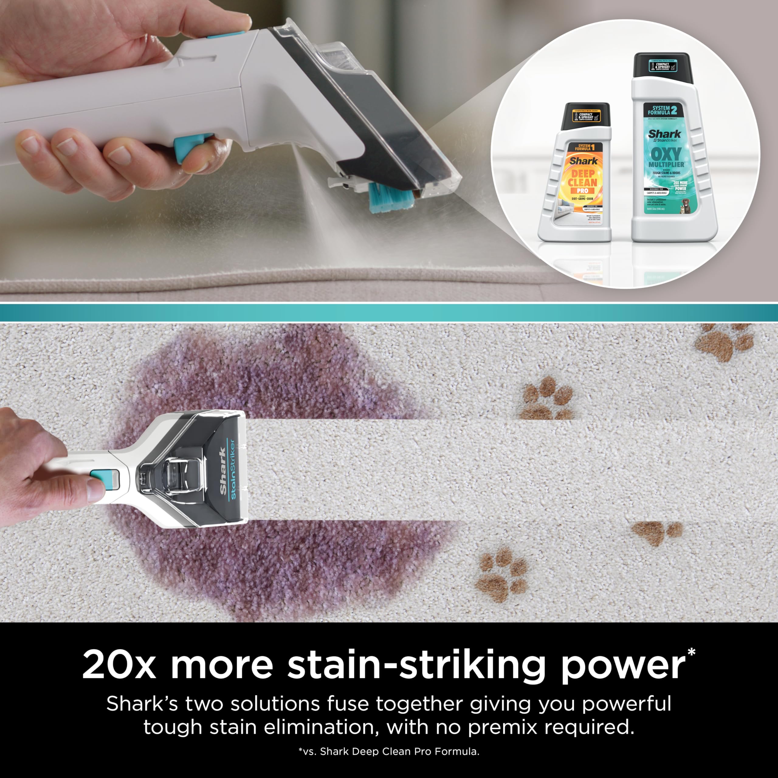 Shark etiqueta Deep Clean Pro enfocada que destaca poder anti-manchas