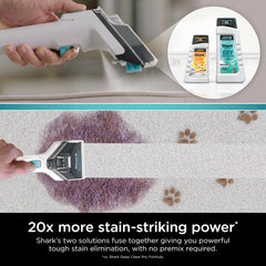 Shark etiqueta Deep Clean Pro enfocada que destaca poder anti-manchas