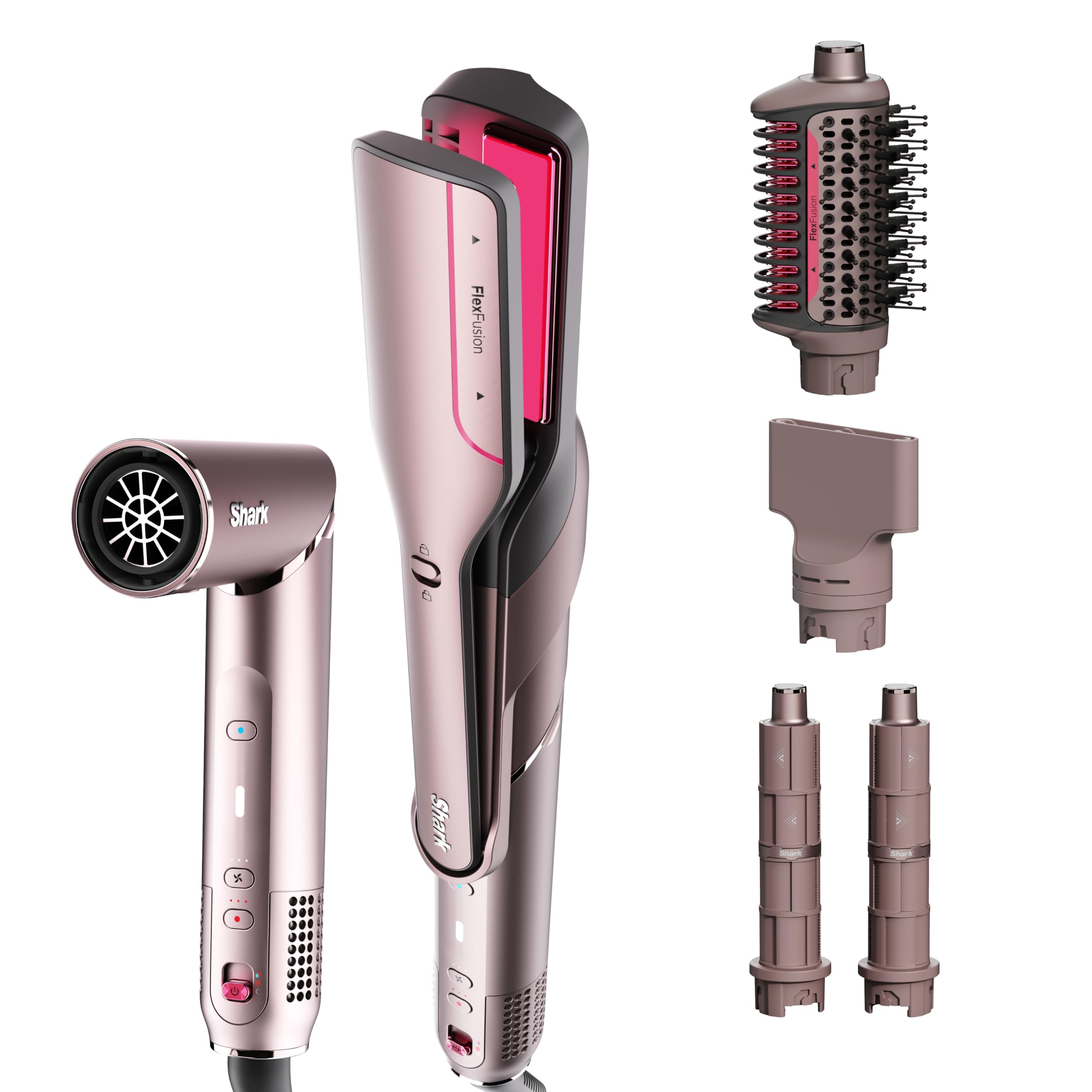 Shark FlexFusion front view showing sleek blush finish and ergonomic handle for easy styling