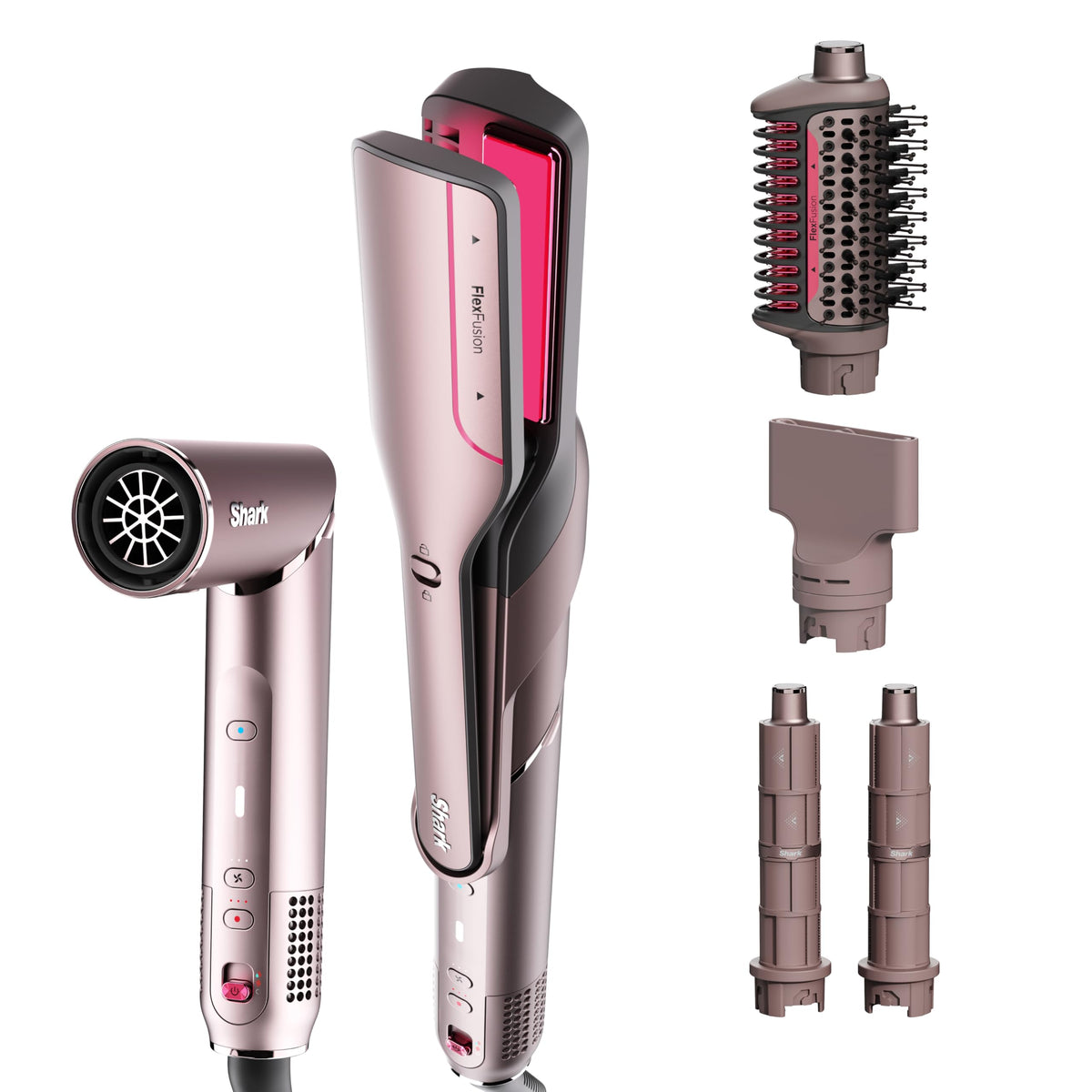 Shark FlexFusion front view showing sleek blush finish and ergonomic handle for easy styling