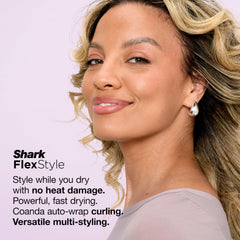 Shark FlexStyle Coanda auto-wrap curler close-up showing barrel and airflow benefit