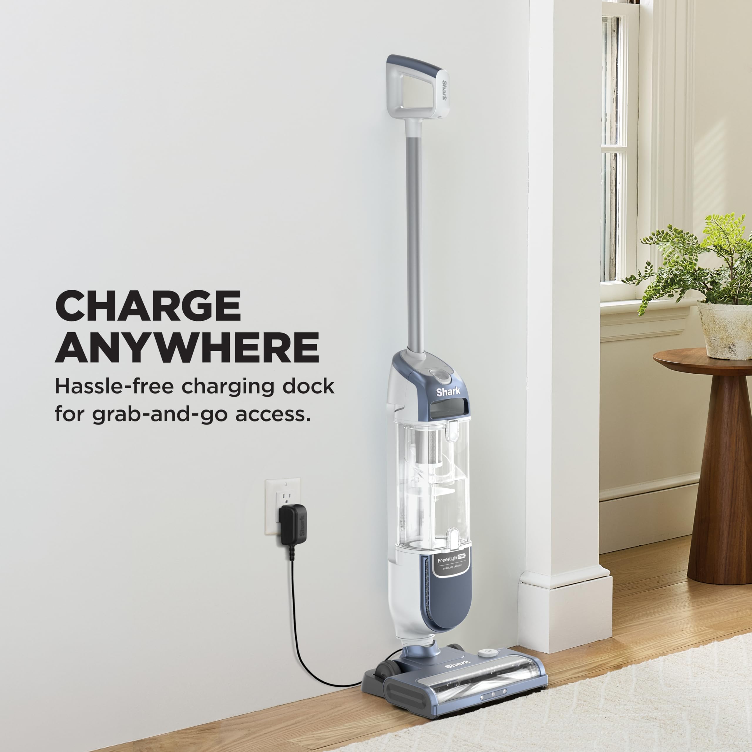Shark Freestyle Max on charging dock showing space-saving storage readiness