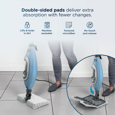 Shark S3972BRN cleaning sealed hard floor in a kitchen, lifts grime without chemicals