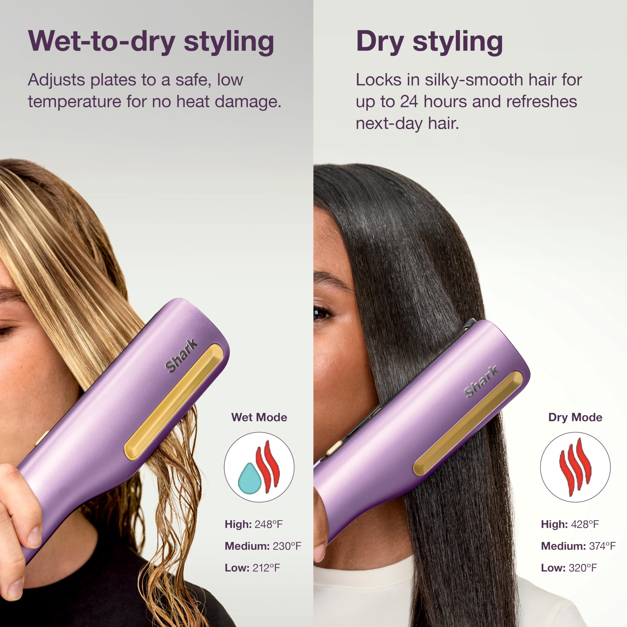 Shark SilkiPro used on damp hair demonstrating wet-to-dry smoothing and faster styling