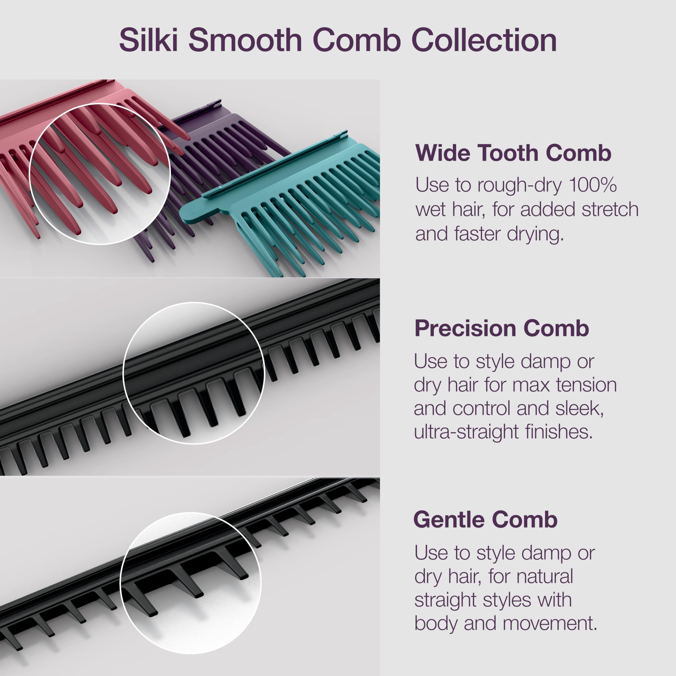 Shark SilkiPro packaging laid out with three combs and manual for complete set