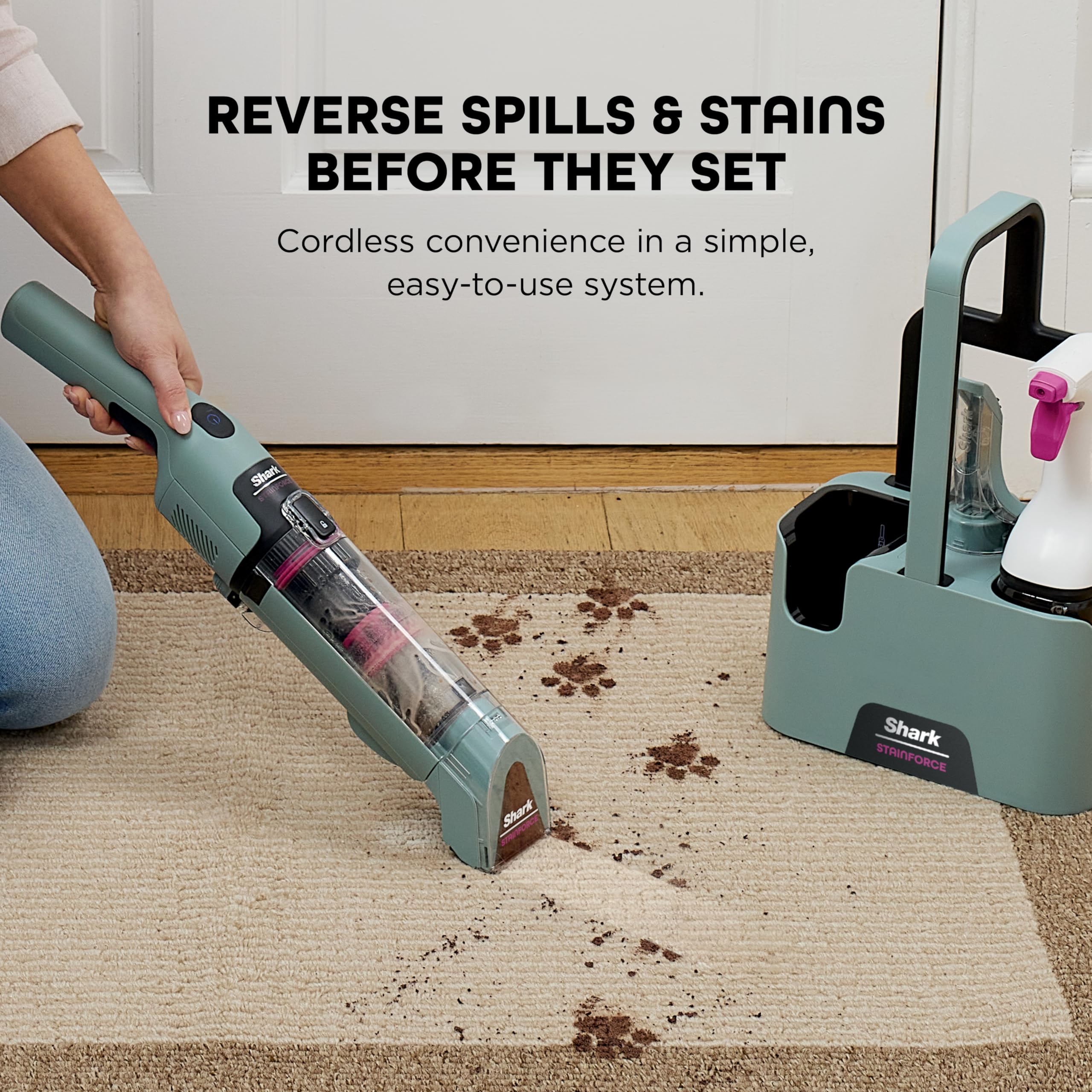 Shark StainForce cleaning a car interior showing cordless portability and stain lift