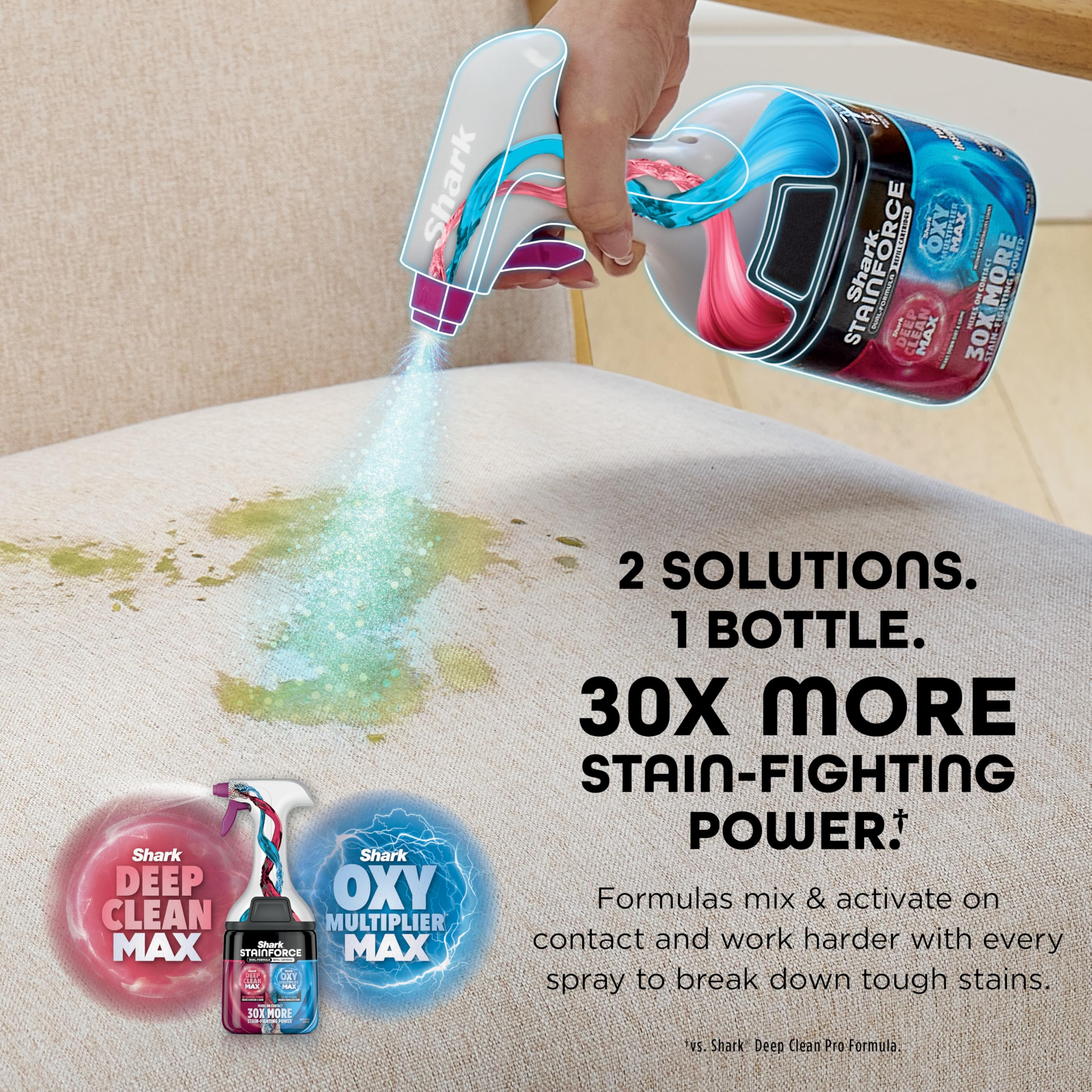 Shark StainForce dual-chamber solution bottle showing separated formulas for potent spray