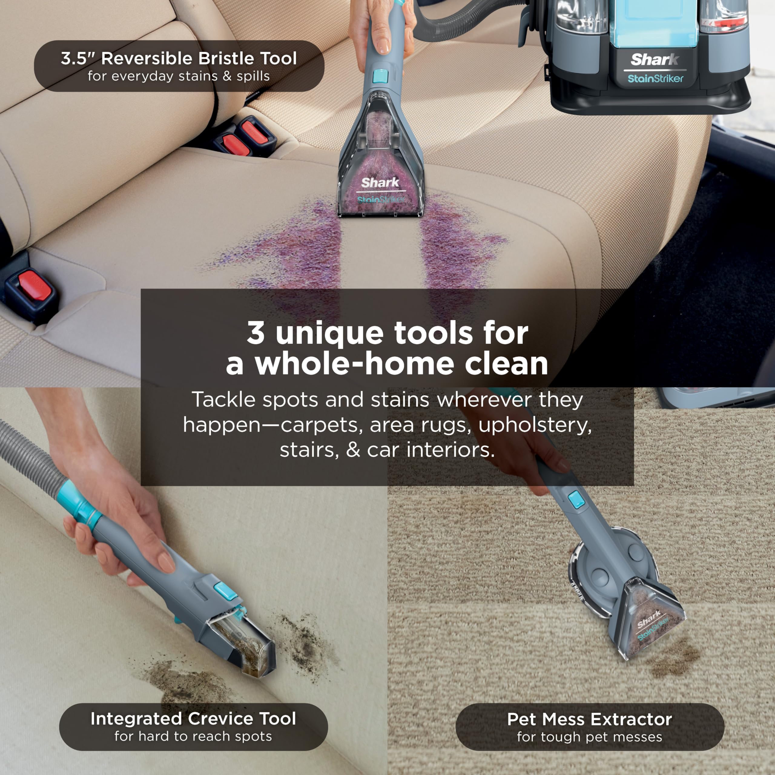 Crevice tool cleaning carpeted stairs with Shark for precise edge cleaning