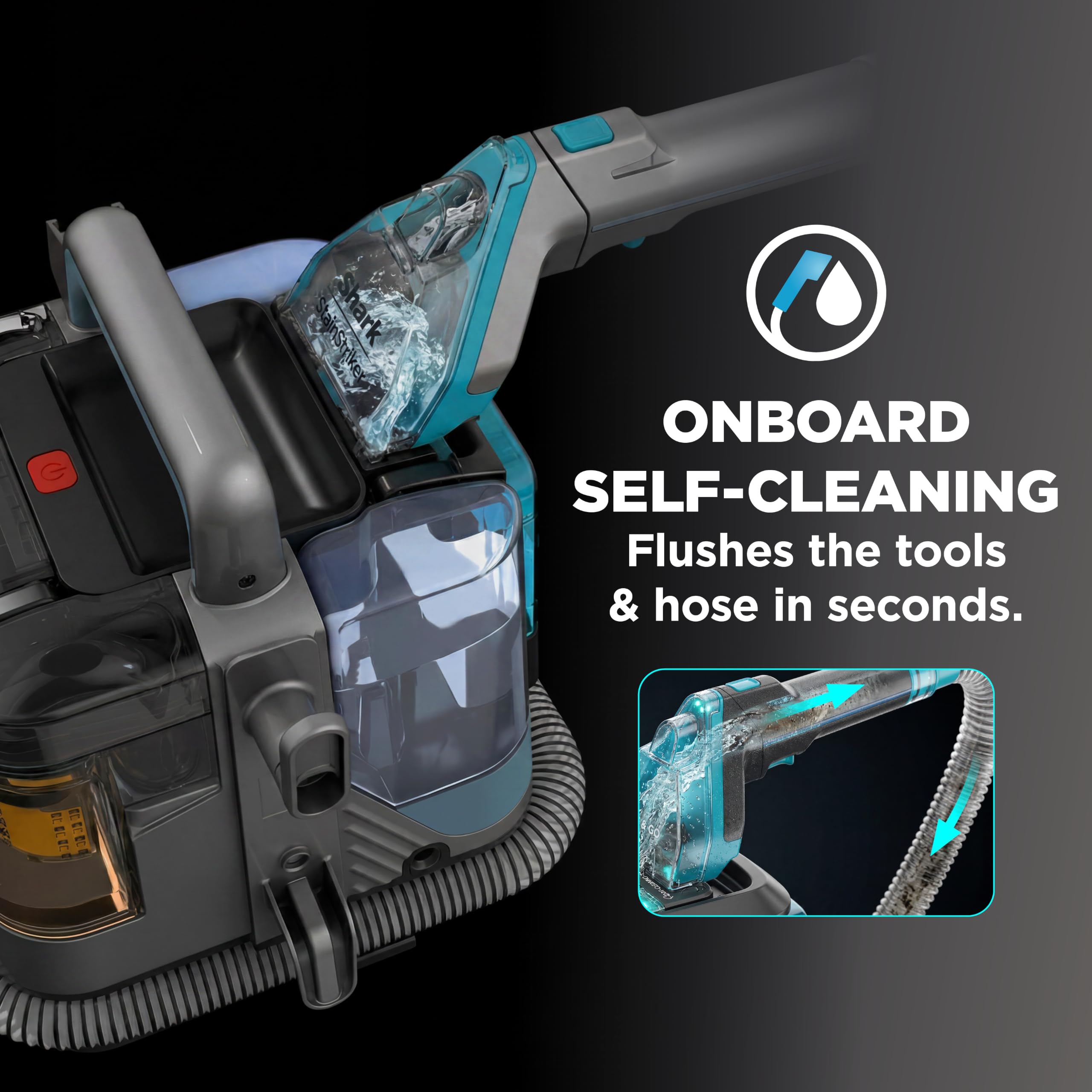 Shark StainStriker HairPro self-cleaning cycle engaged flushing hose and attachments clean