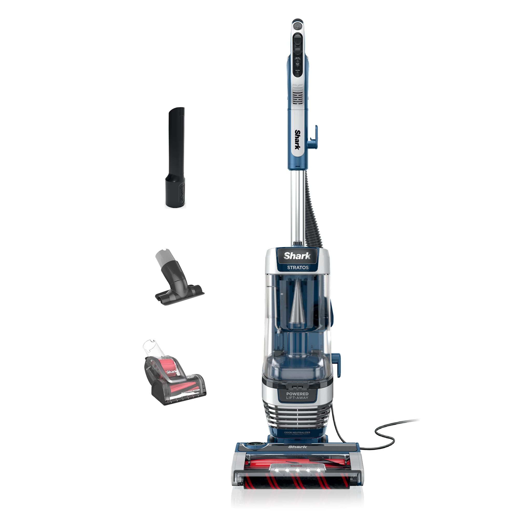 Shark Stratos front view showing navy upright design and strong suction