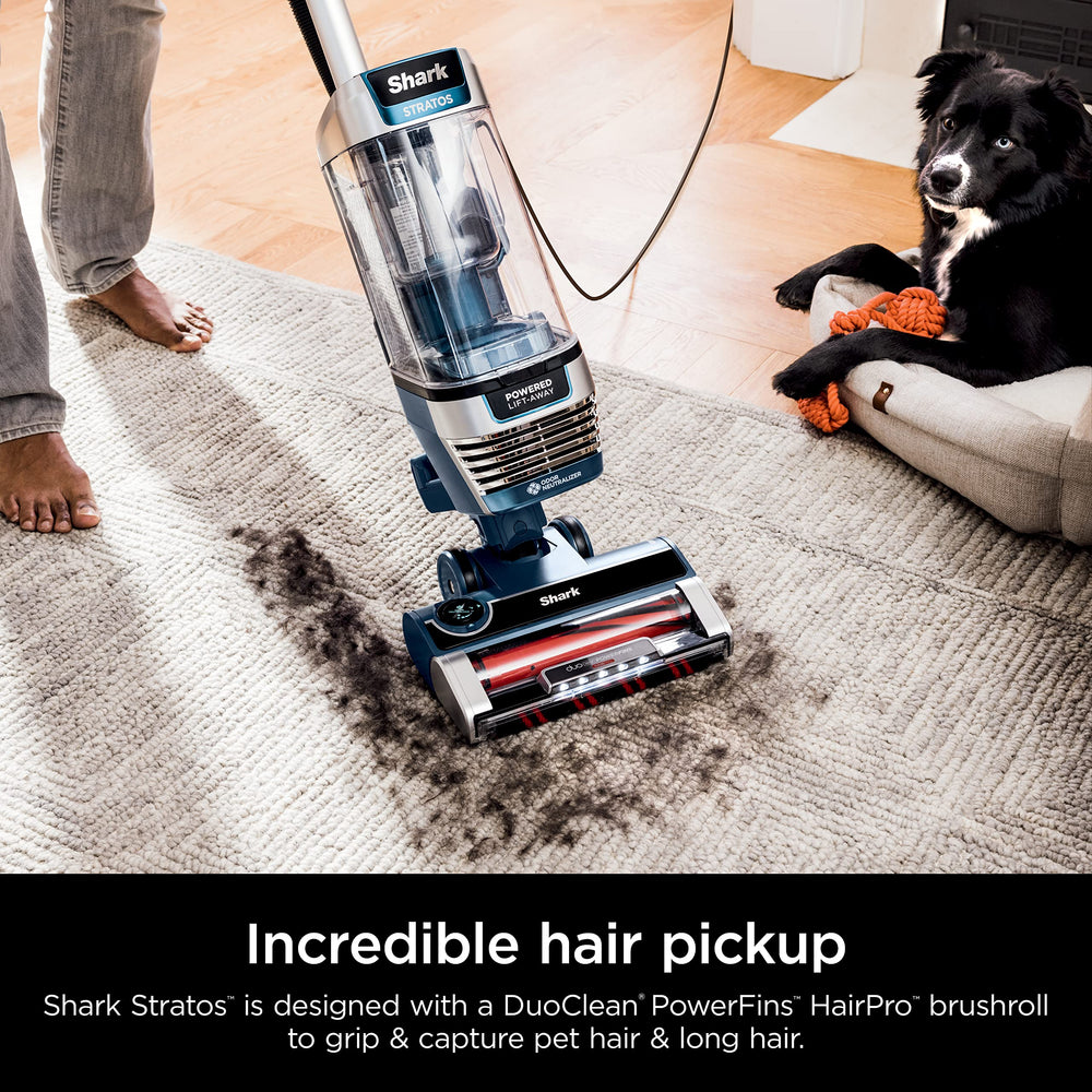 Shark Stratos cleaning carpet demonstrating improved pet hair removal