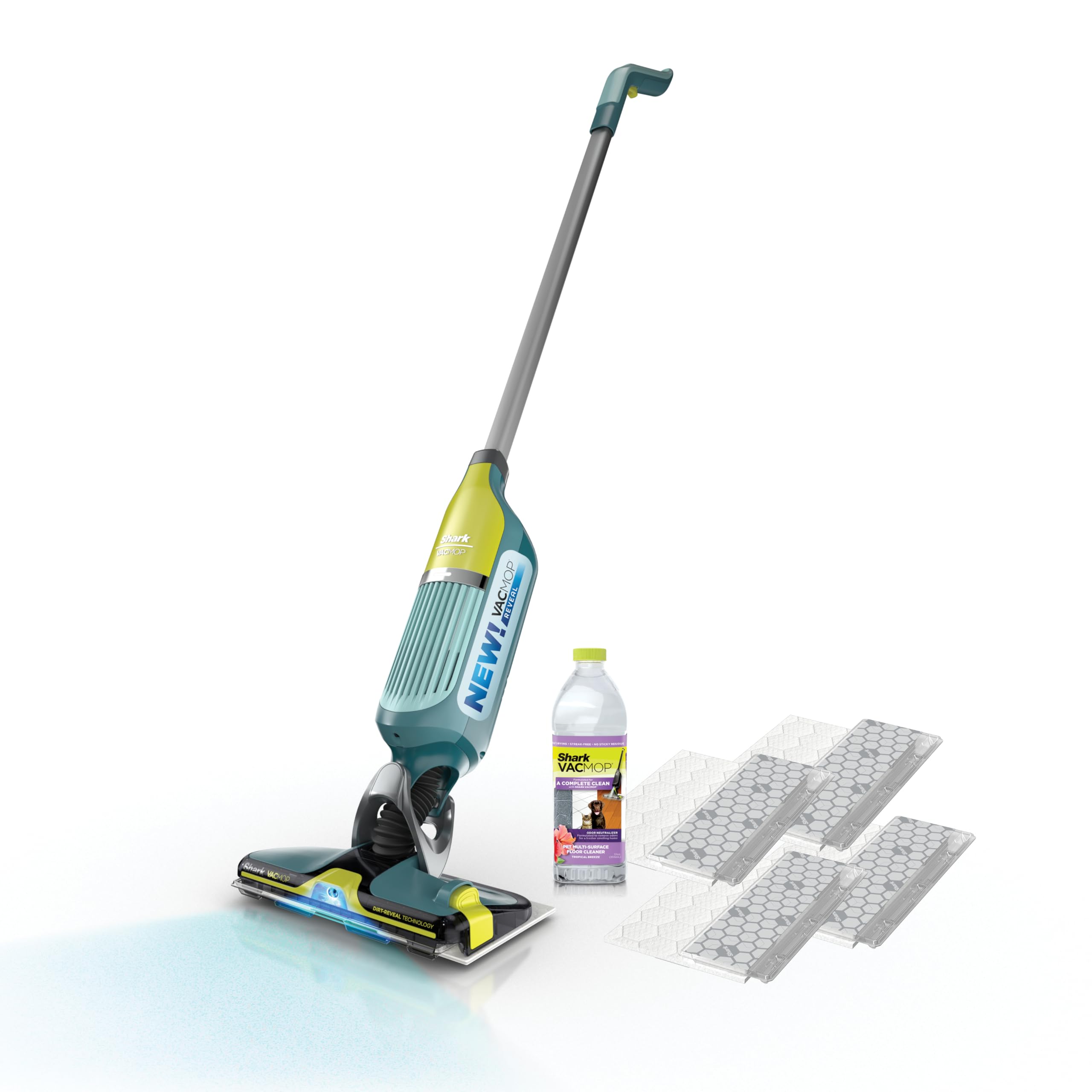 Shark VACMOP Reveal frontal mostrando diseño compacto y beneficio de limpieza rápida