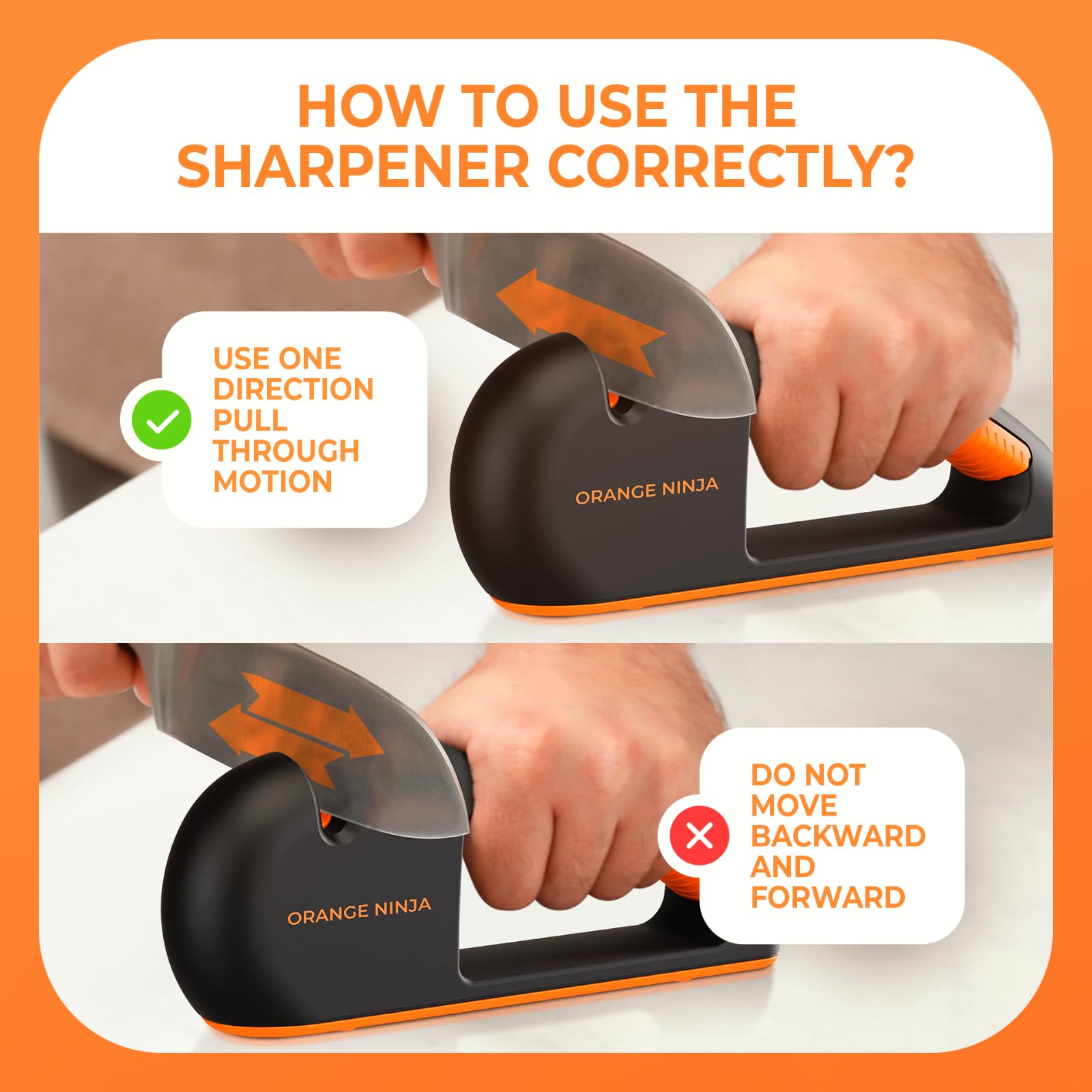 Sharp Pebble afilador en uso con cuchillo de chef mostrando restauración rápida del filo
