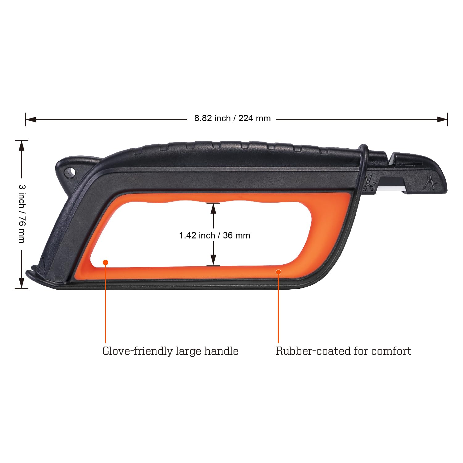 SHARPAL 103N comparación de tamaño con cuchillo y tijeras para escala