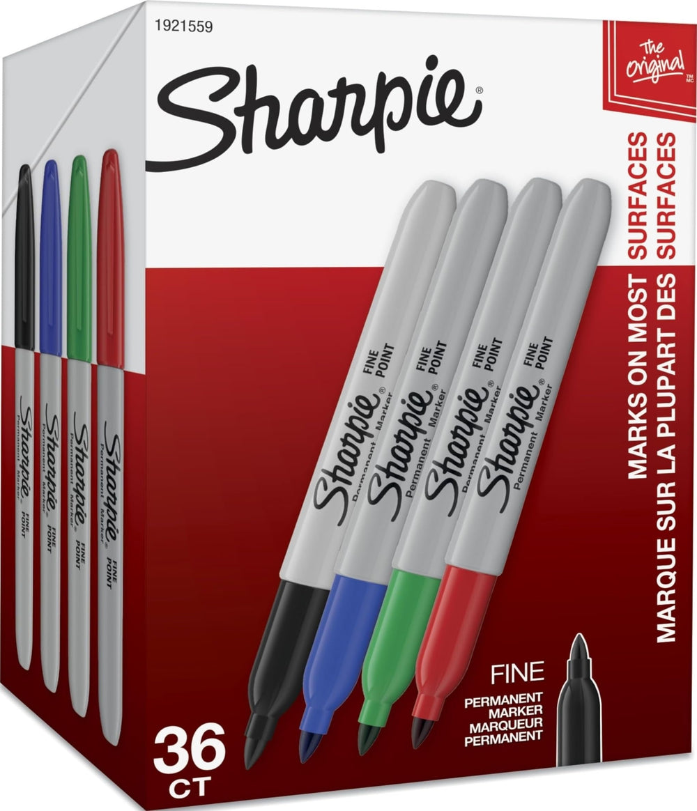 Sharpie empaque frontal mostrando 36 marcadores y surtido de colores útil para oficinas
