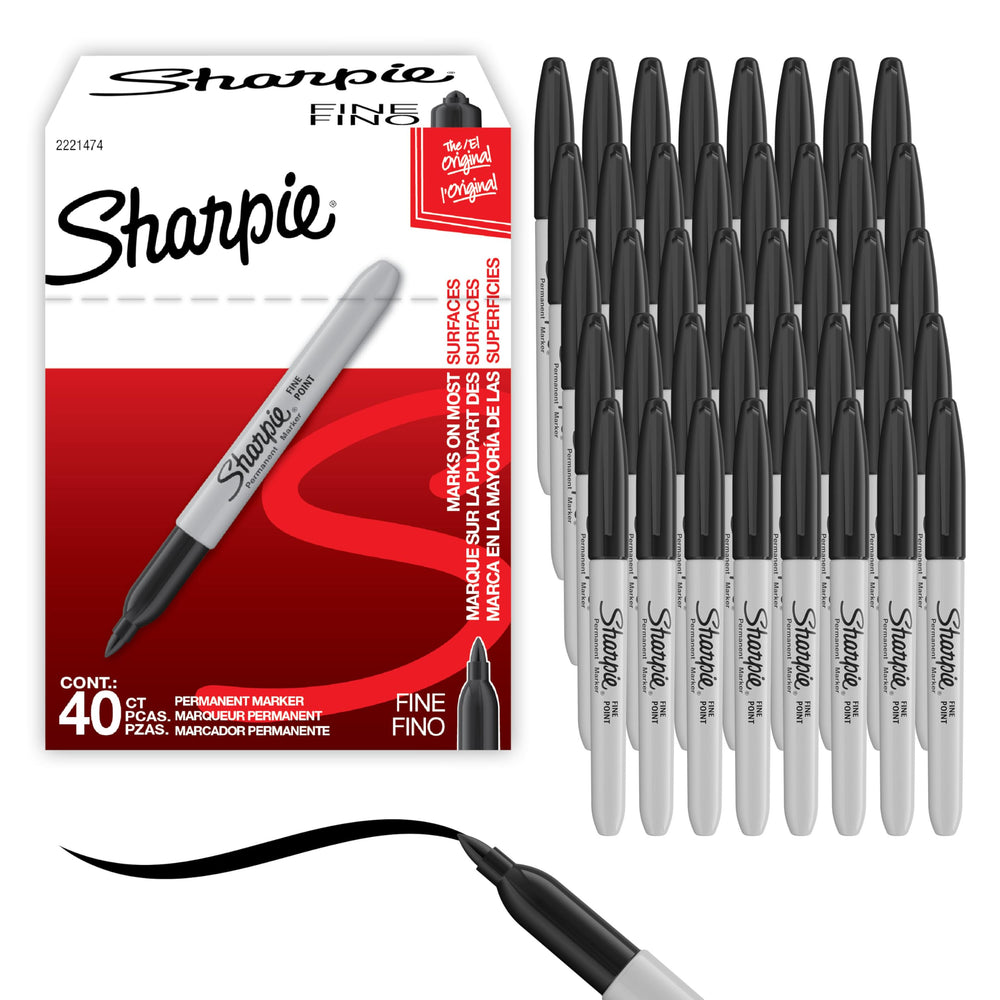 Sharpie pack front view showing 40 black fine tip markers, clear supply benefit