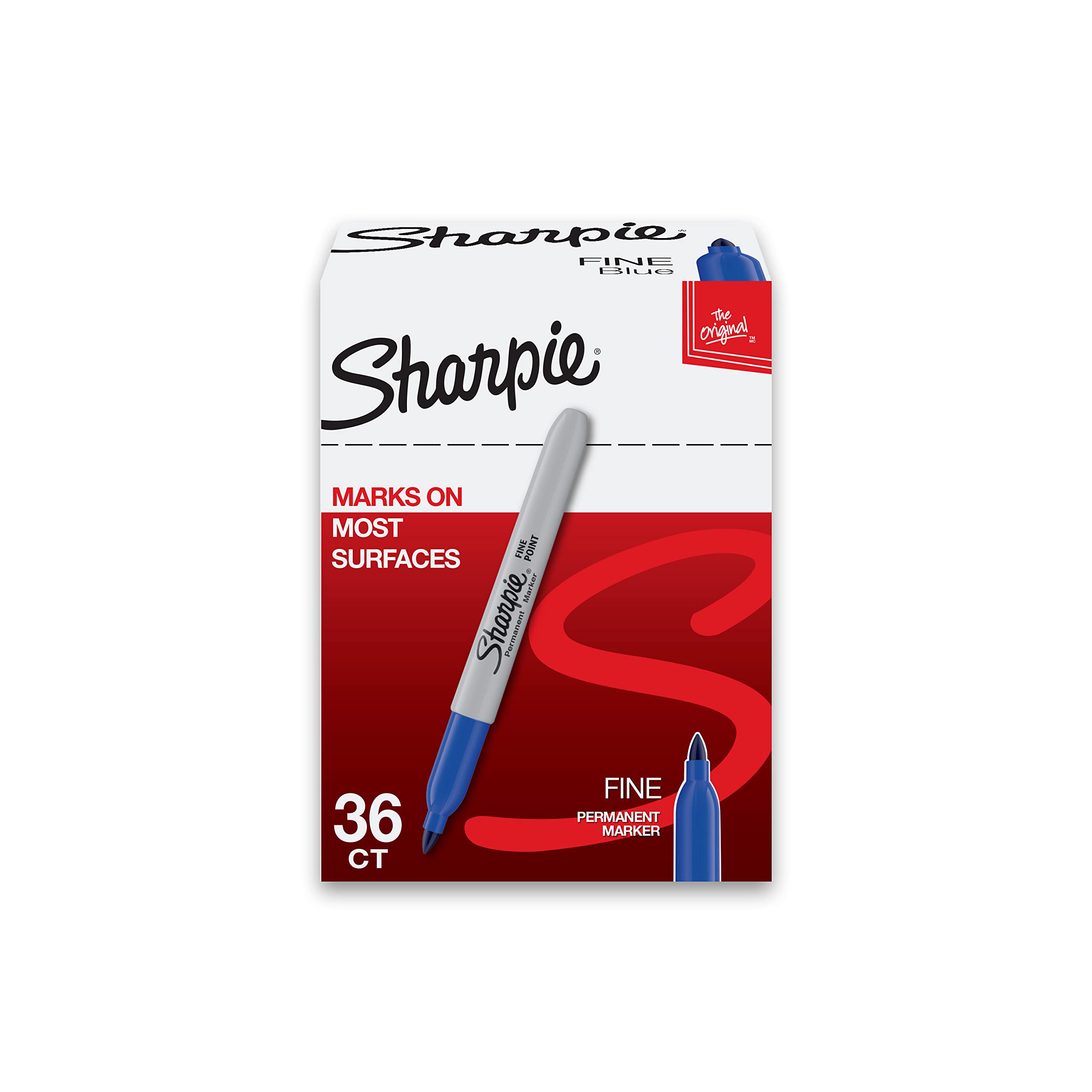 Sharpie package front view showing 36 blue markers and durable supply