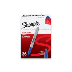 Sharpie package front view showing 36 blue markers and durable supply