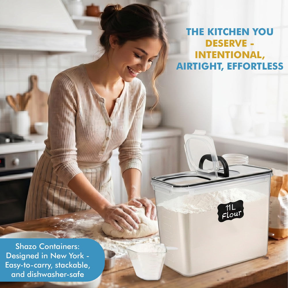Shazo contenedores en una cocina de repostería organizando ingredientes secos