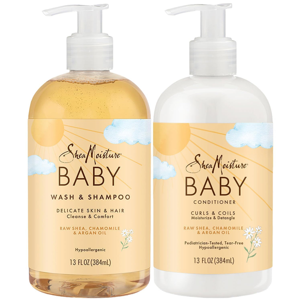 SheaMoisture set frontal mostrando botellas y beneficios suaves
