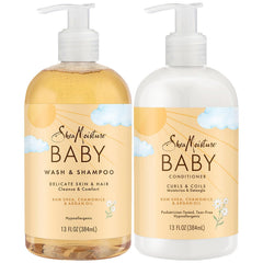SheaMoisture set frontal mostrando botellas y beneficios suaves